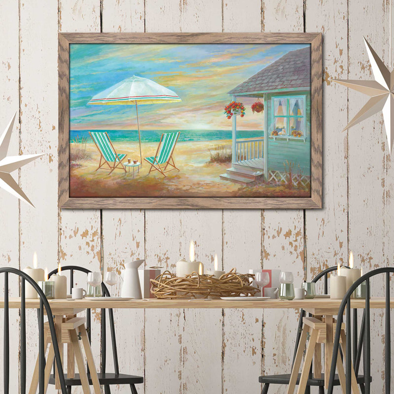 « beach artisanat », reproduction de peinture à l’huile encadrée, H 35,5 po x l 51,5 po x P 0,75 po