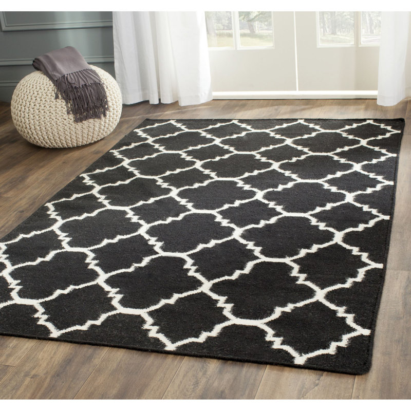 Rodgers Hand Woven Flat Weave Wool/Cotton Geometric Rug in Ivory/Black, Rectangle 4' x 6'