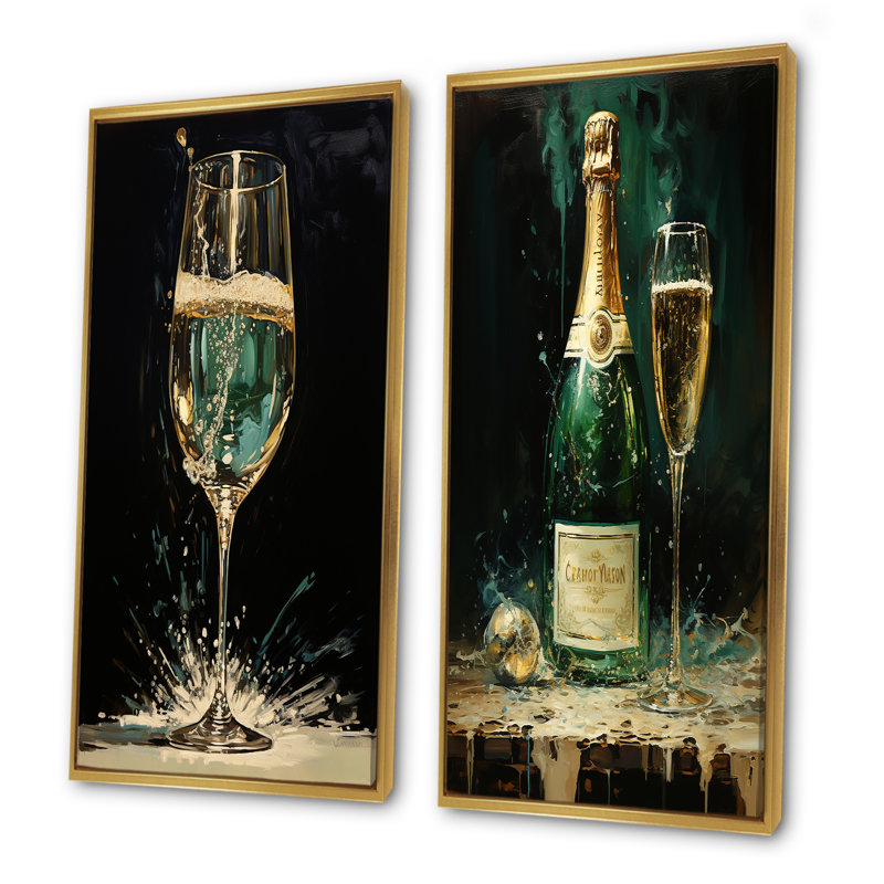 «Gold and Emerald Champagne Dream», ensemble d'art mural sur toile champagne, Cadre flottant doré, H 40 po x l 41 po
