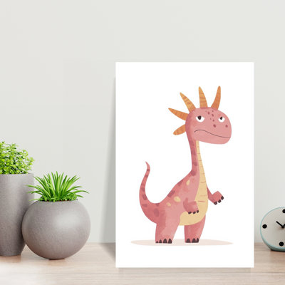 Grumpy Pink Dinosaur Playful Whimsical Contemporary Animal Wall Art Print by Mathieu - Wrapped Canvas Print