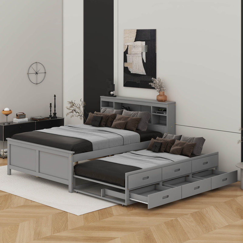 Lit plateforme avec tête de lit, USB, lit gigogne et tiroirs, Gris, Lit double