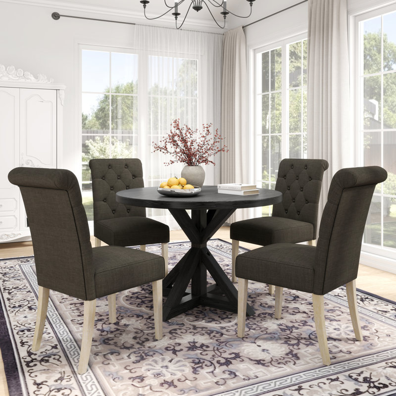 August Grove® Coit 5-Piece Dining Set, Cross-Buck Round Table With 4 Tufted Chairs, Charcoal