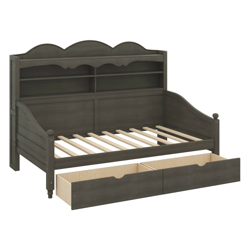 Lit de jour simple en bois avec tiroirs de rangement intégrés, tête de lit et étagère de rangement, Gris antique