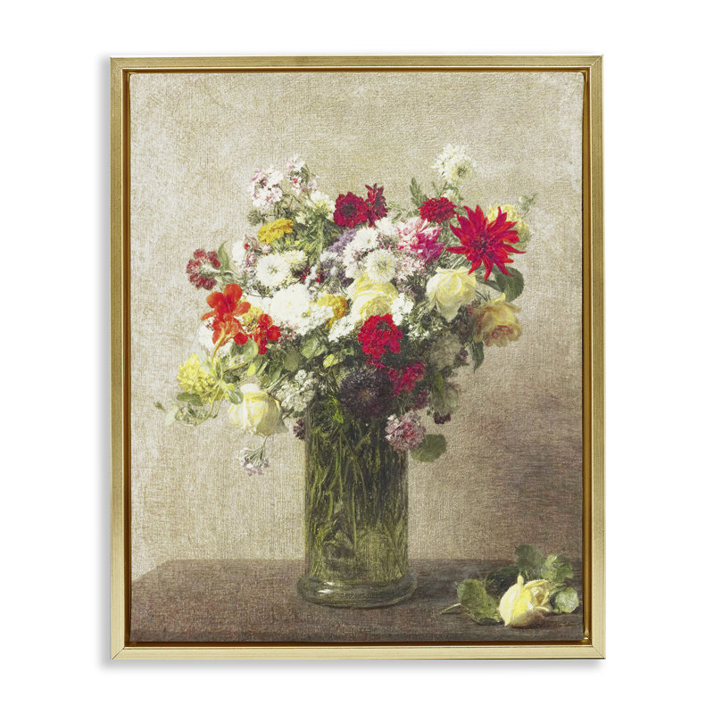 Cadre flottant jaune et rouge à motif floral rétro, design par Leah Straatsma, H 21 po x l 17 po