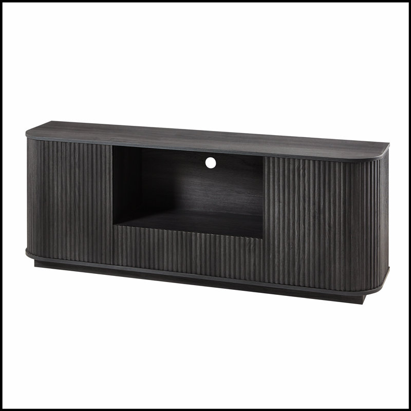 64-Inch Wavy TV Stand, Rounded Sideboard with Storage Cabinet, Wooden Vertical Stripes for Modern Living Spaces, Black