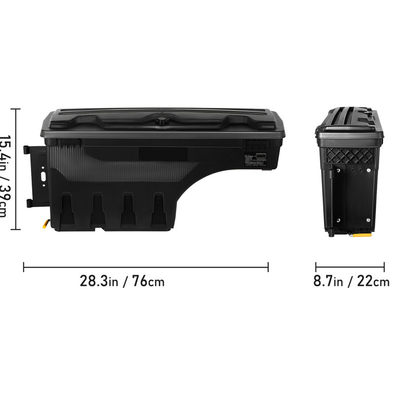 Rangement imperméable pour lit de camion ABS, 6,6 gallons, couvercle verrouillable, compatible avec 1500 2019 - 2021, côté conducteur, noir, boîte de rangement pour outils et gants, puits de roue de 17,38 po de hauteur