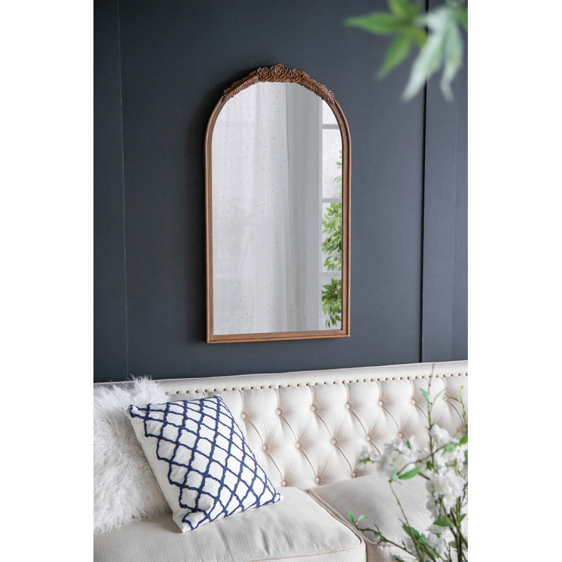 Hand Carved Rose Wood Arch Mirror, Elegant Wall Decor For Living Room, Bathroom, And Entryway, Brown, 41.9" x 22.8"
