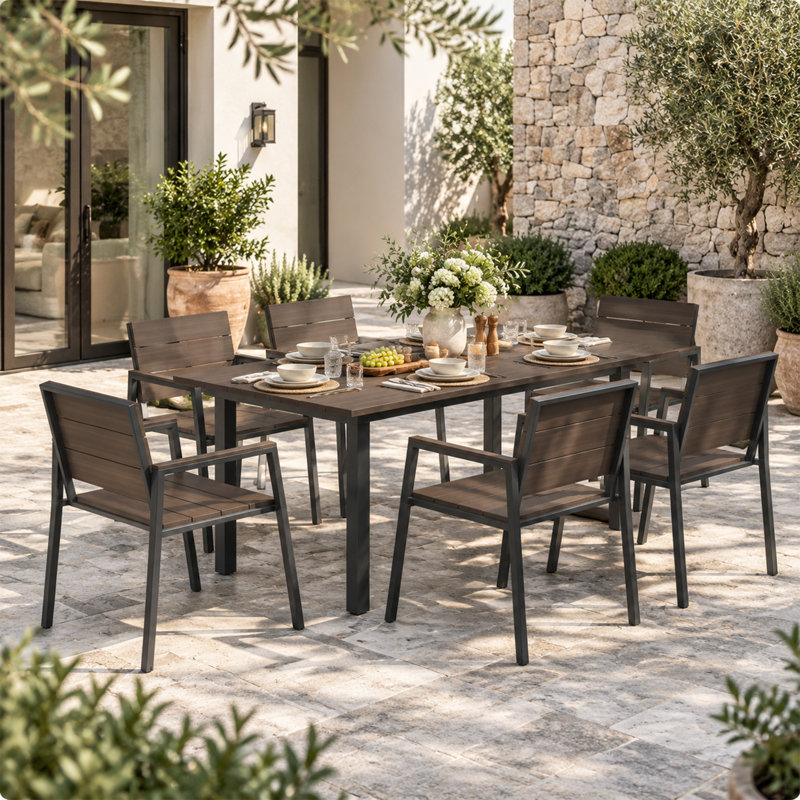 Chaises de salle à manger d'extérieur empilables en aluminium avec finition grain de bois (ensemble de 6), Brun