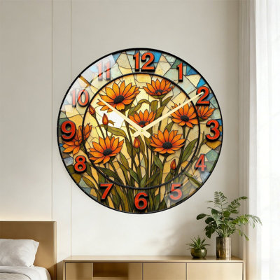 Horloge murale vitrail avec art de tournesol - Horloge murale 24 po