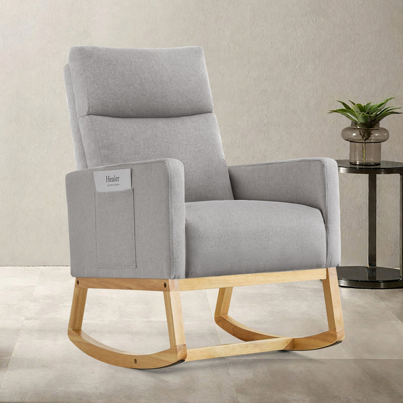 Linen Fabric+ Manufactured Wood Rocking Chair, Light Grey, Natural