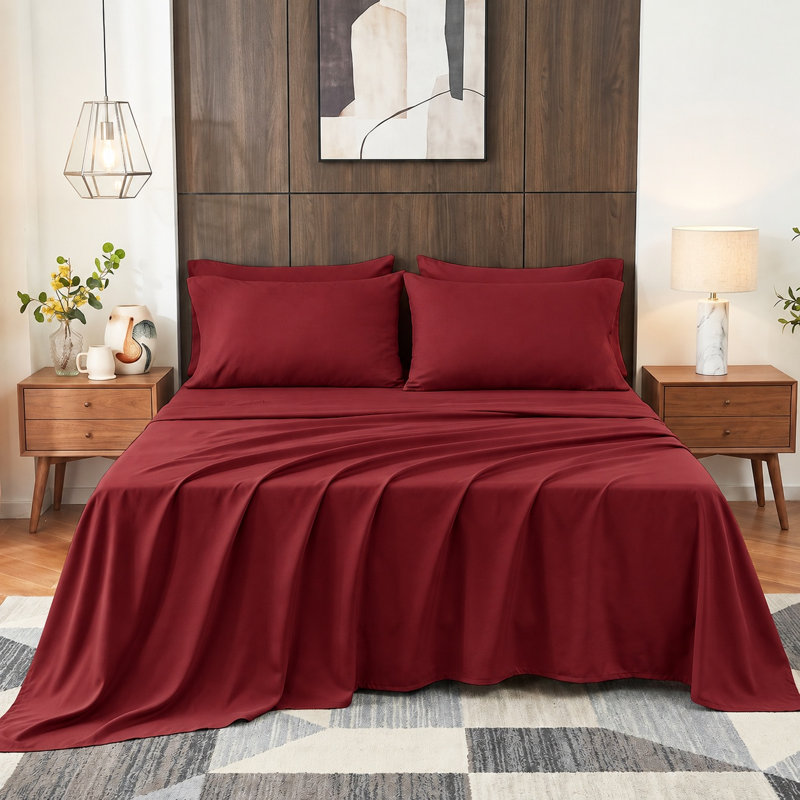 Ensemble de draps en coton 4 pièces pour lit Queen Size, draps respirants et rafraîchissants, literie douce inspirée des hôtels, draps de luxe bordeaux avec poches profondes de 40 cm, infroissables et faciles d'entretien
