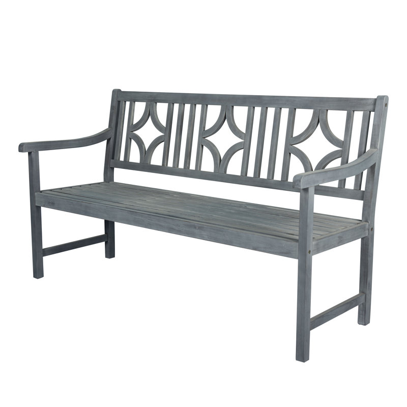 Sloane 59" Classic Solid Acacia Wood Outdoor Bench with Geometric Back & Armrests, Grey Finish Patio Garden Seating for Porch & Entryway