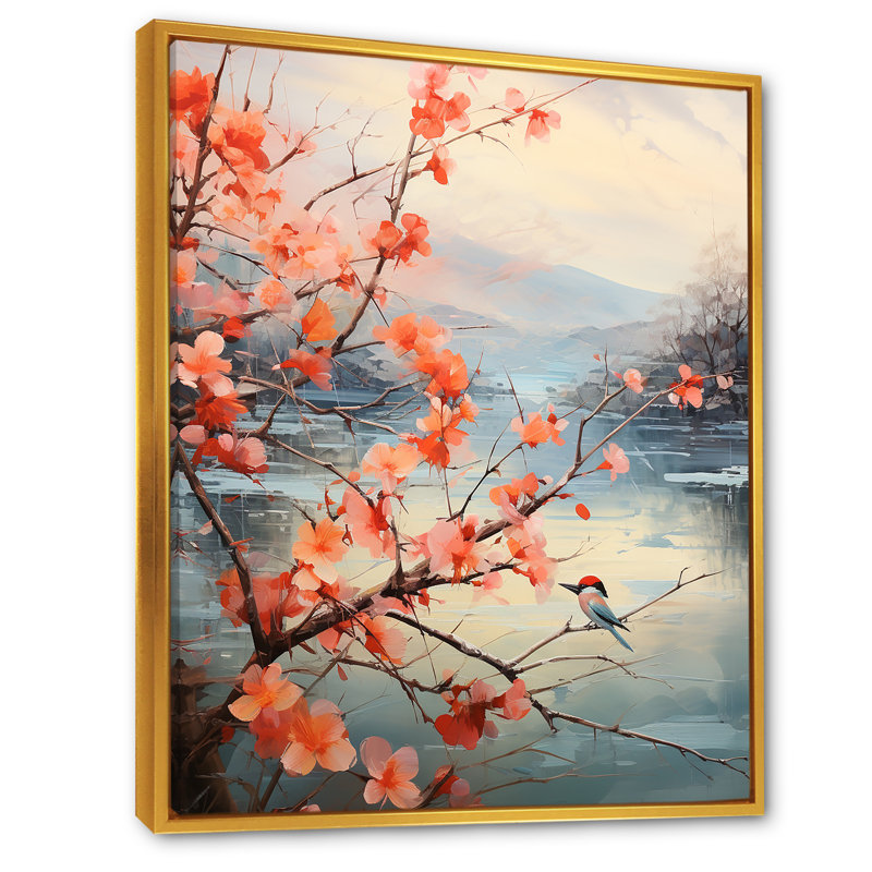 Été rose cerisier en fleurs III - Art mural cerisier en fleurs, Cadre flottant doré, H 20 po x l 12 po x P 1 po