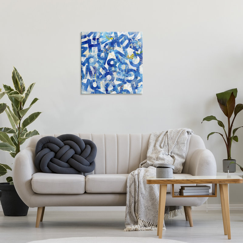 "Blue Typographie Collage", art mural par Laura Gibson, H 24 po x l 24 po
