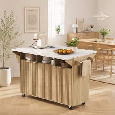 55.5" Fluted Kitchen Island with 2 Drop Leaves, Kitchen Storage Cart with Power Outlet, 4 Doors Spice Rack