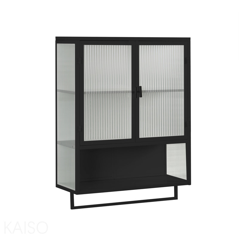 23.62"Glass Doors Modern Two-Door Wall Cabinet With Featuring Two-Tier Enclosed Storage, An Open Shelf, And Towel Rack, For Entryway Living Room Bathroom Dining Room,Black