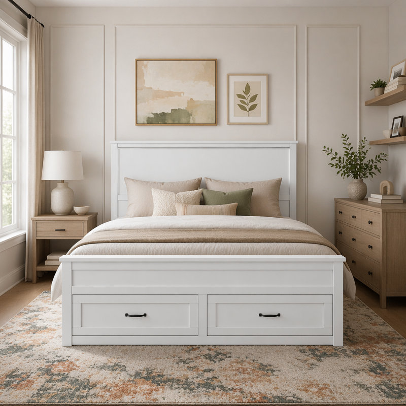 Base de lit en bois avec rangement à 6 tiroirs et tête de lit haute, Blanc
