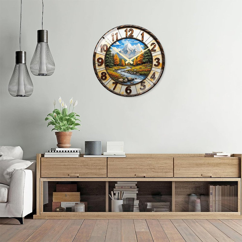 Horloge murale décorative représentant un paysage de rivière et de montagne - Horloge murale moderne en verre de 61 cm (24 po)