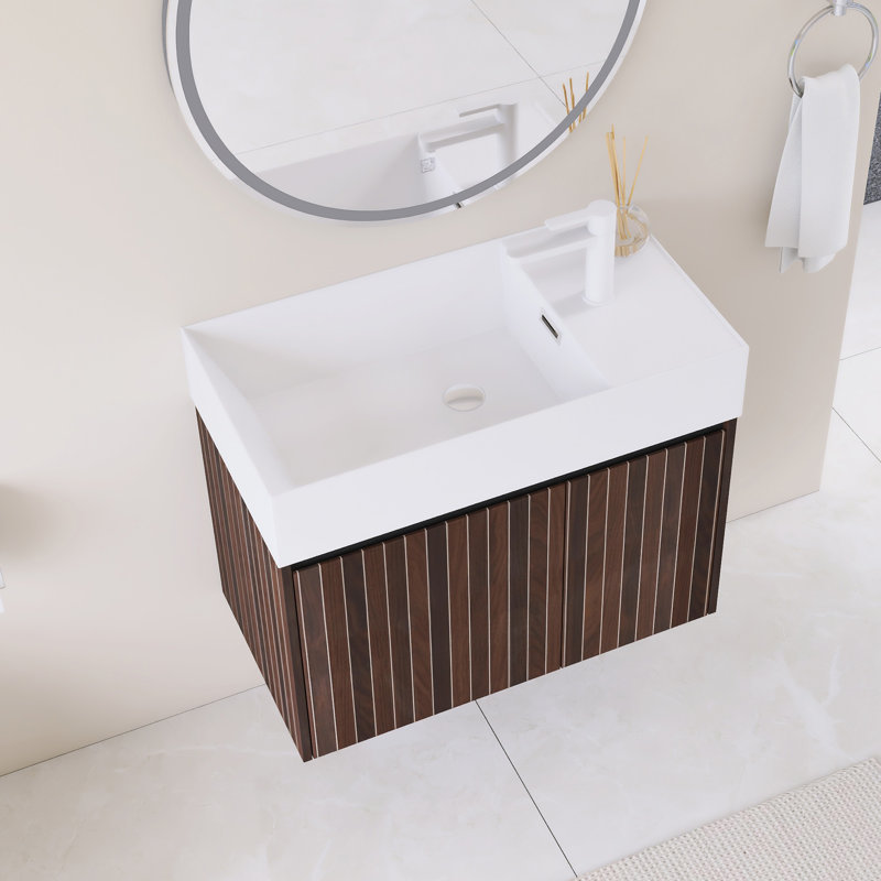 30" Wall-Mounted Single Bathroom Vanity With White Resin Integrated Top, 30", Brown