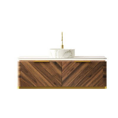 48 - Inch Bathroom Vanity With Sintered Stone Top, Pattern Ceramic Vessel, Dark Walnut Plywood Cabinet And Soft Close Drawer System Featuring 14 Inch Basin, Counter, Damping