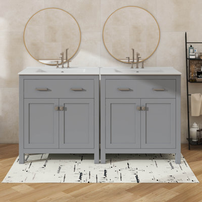 Ensemble de meuble-lavabo double 60 po avec lavabo double 60 po, tablette réglable et portes à fermeture en douceur