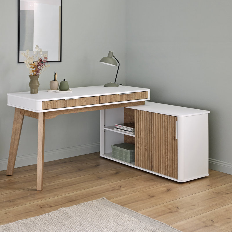 Kiehl 55.9'' W L-Shaped Writing Desk with Cabinet, White/Oak