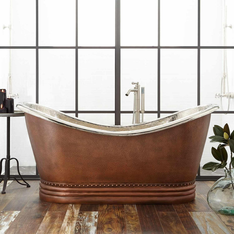 Paige 72" Copper Soaking Double Slipper Freestanding Tub with Rolled Rim, White, Antique Copper Patina/Nickel