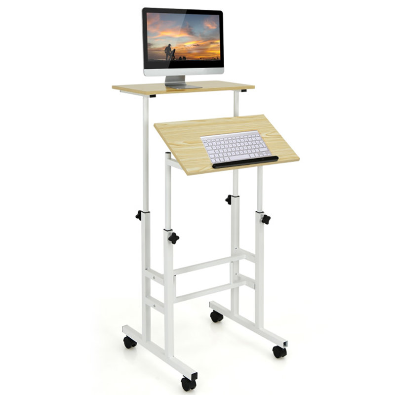 Bureau mobile à hauteur ajustable avec roulettes, Naturel / Blanc