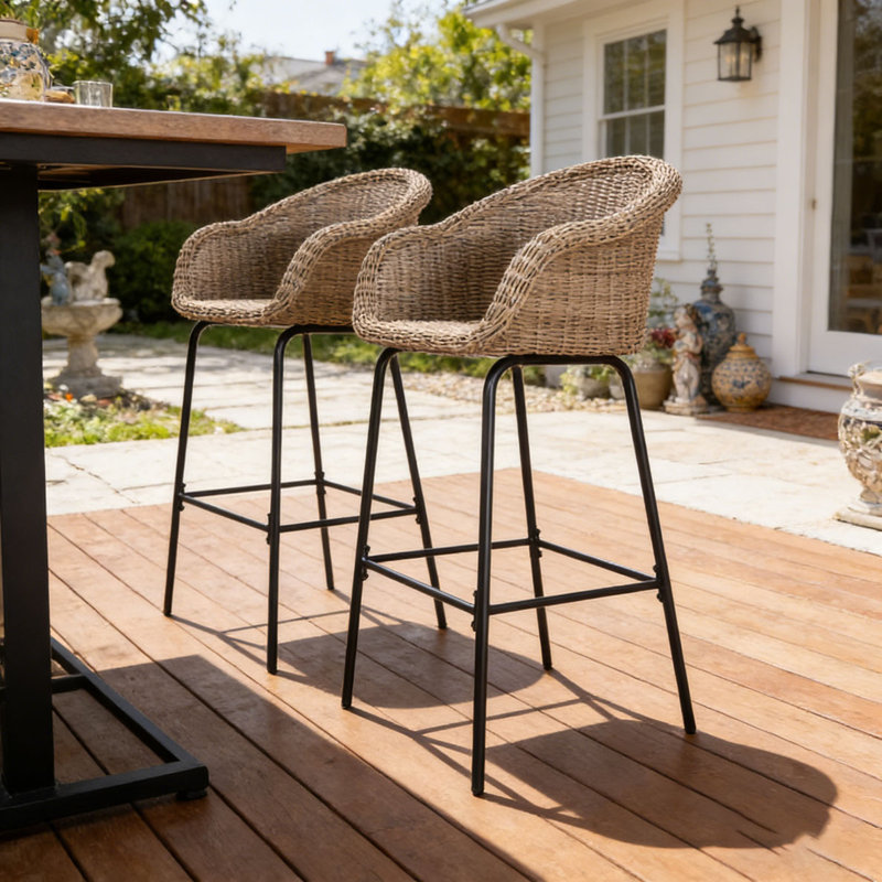 Outdoor Metal Wicker Barstool, Light Brown