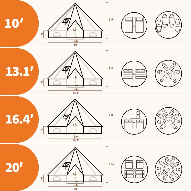 Toile en forme de cloche de tente avec prise de poêle, yourte Glamping 4 saisons avec plancher en PVC et fenêtres en filet, tente chaude pour le camping, 9,84 pi