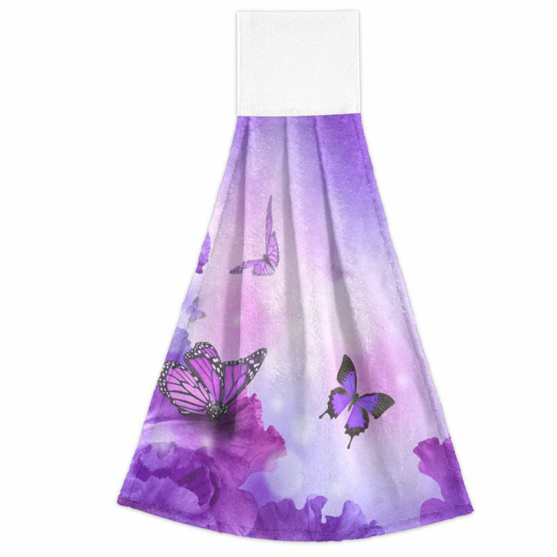 Purple Butterfly Absorbent Hanging Towels - Set of 2, 14x18.2 inch, Perfect for Kitchen, Bathroom, and Home Decor