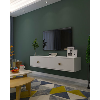 Meuble télé Adams avec capacité de fixation murale, finition blanche et or, 47,2 po x 10,6 po x 10,2 po | 100% panneau de particules enduit de mélamine, épaisseur: 0,7 pouce | Design élégant et fonctionnel pour les salons contemporains