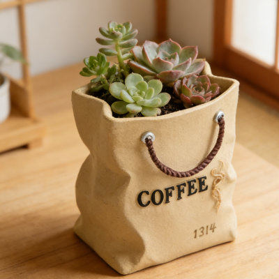 Succulent Planter Resin Coffee Bag Shape, Small Cactus Flower Pot with Drainage Hole, Novelty Tabletop Plant Container for Windowsill & Desk