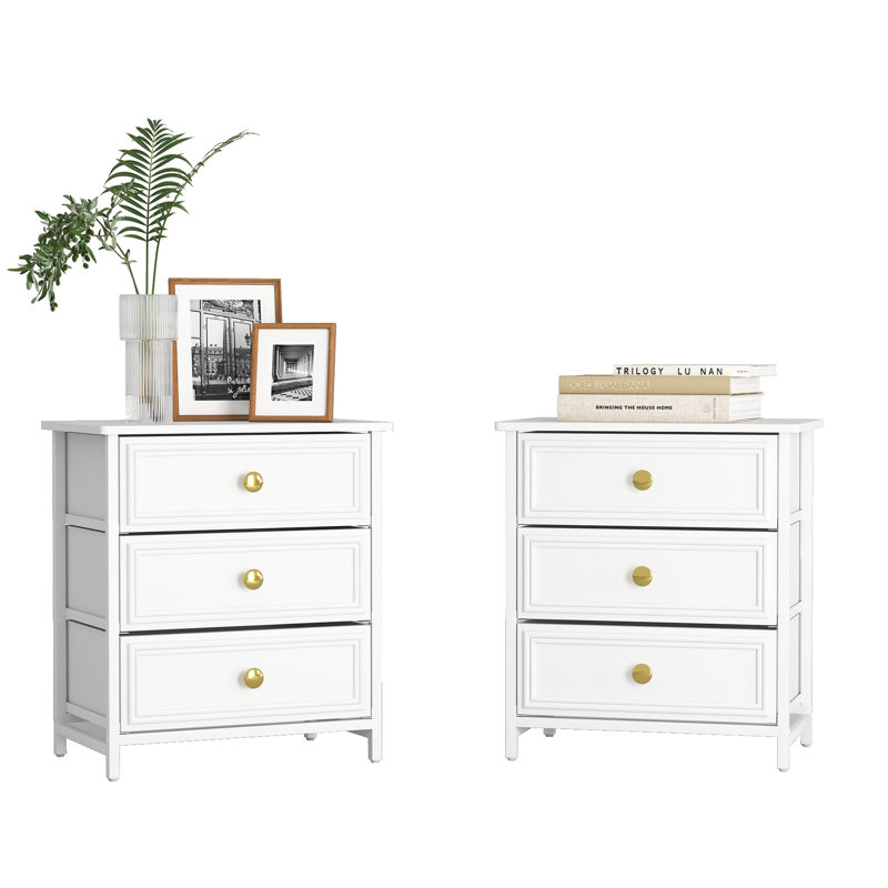 3 Fabric Drawers Nightstand With Metal Frame Set Of 2, White