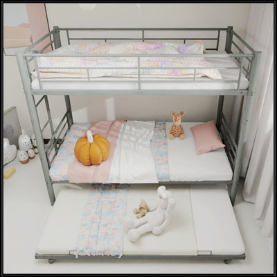 Structure de lit superposé simple en métal argenté - Design convertible 3-en-1 polyvalent, acier robuste, finition argentée élégante, idéal pour les dortoirs / chambres d'amis