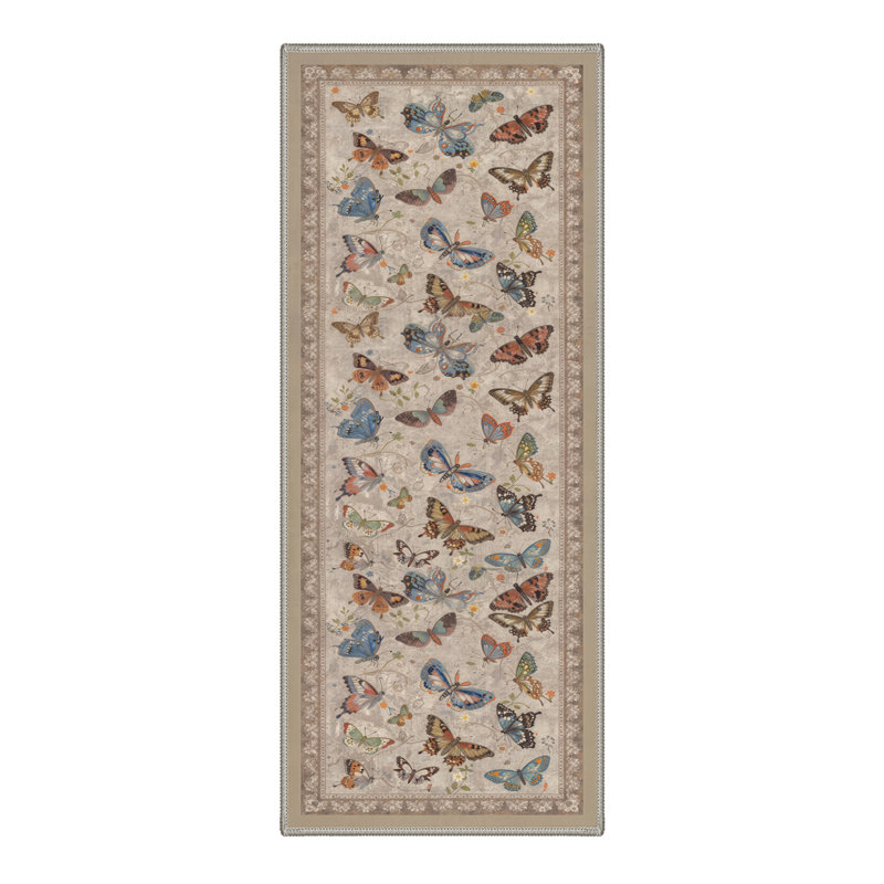 Aura Floral Butterflies Machine Washable Beige / Brown Indoor Area Rug with Non-Slip Backing, Runner 2' x 6'