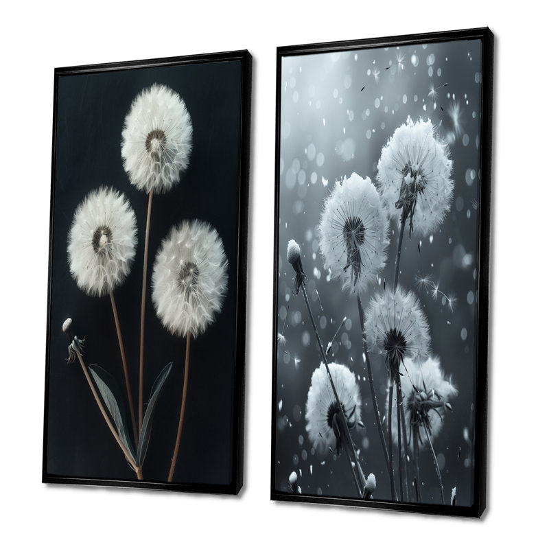 Élégant ensemble de 2 pièces de pissenlit monochrome noir et blanc I, H 32 po x l 32 po, Impression encadrée