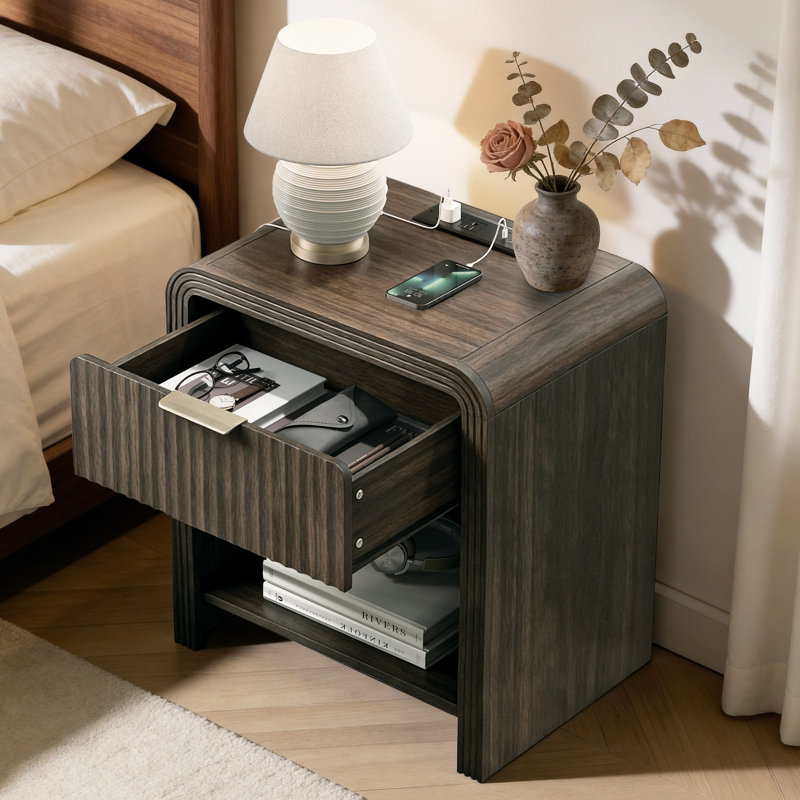 Fluted Nightstand With Charging Station, Modern Wood End Table With Drawers & Open Shelf, Curved Profile & Gold Handles, For Bedroom, Walnut (Set Of 2)