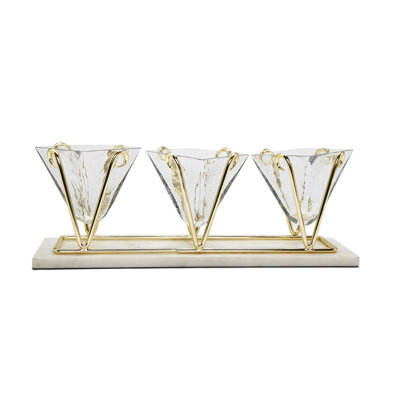 3 plats modulaires en verre relish avec base en laiton doré et marbre