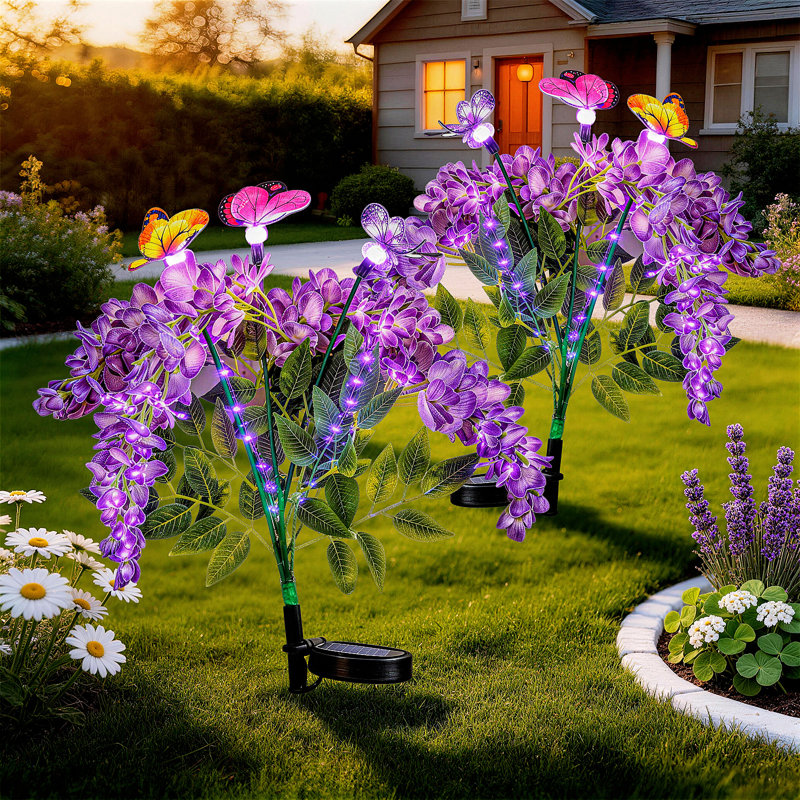 Ensemble de 2 lumières à piquets solaires, 3 papillons et 4 fleurs de glycine avec lueur mauve