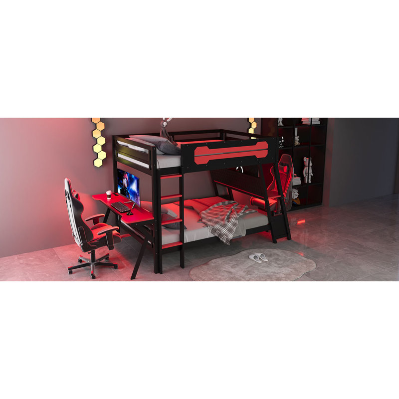 Lit superposé en bois robuste avec grands bureaux de jeu, design rouge moderne pour la maison