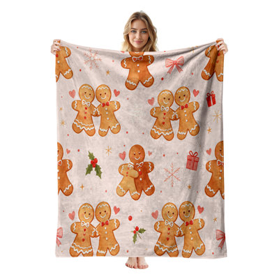 Plaid de Noël en flanelle polaire JYK, léger, respirant, doux et chaud en microfibre pelucheuse, 127 x 152 cm, motif de couple de pain d'épice.