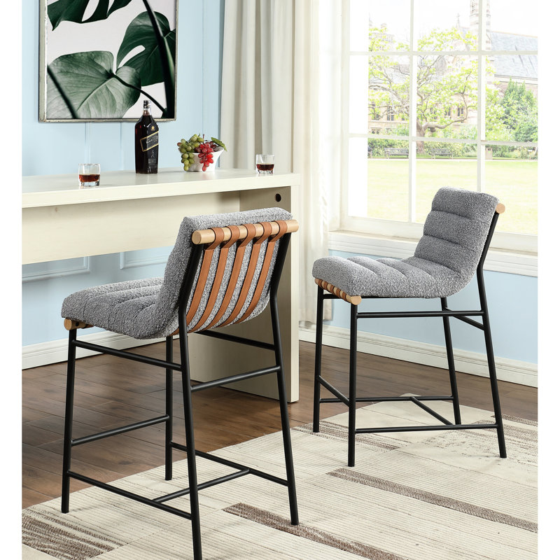 Chaise à hauteur de comptoir moderne grise en tissu bouclé et cuir élégante avec revêtement en tissu d'ameublement