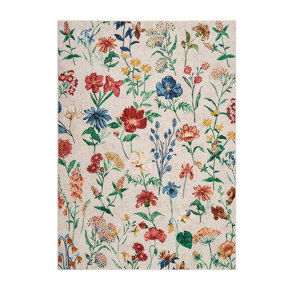 Vintage Floral Washable Rug, 5x7 Low Pile Soft Non Slip Area Carpet for Living Room Bedroom Kitchen Dining Office, Beige
