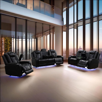 Opal Black Vegan Leather Power Reclining 3-Piece Living Room Sofa Set With LED Lights,USB&Wireless Charging, Storage Console And Cup Holders