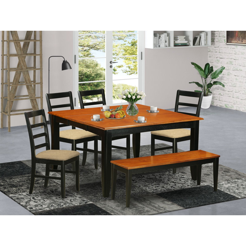 L'ensemble de salle à manger 6 pièces contient une table de salle à manger carrée avec feuille papillon et 4 chaises de cuisine en lin avec banc, noir et cerise
