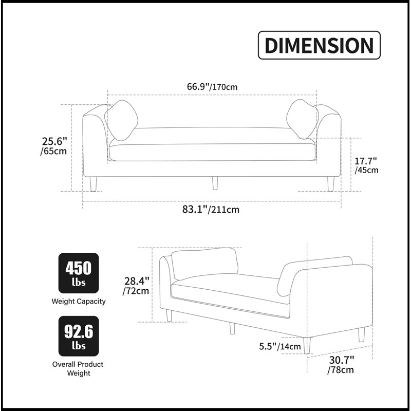 Banc rembourré en chenille avec accoudoirs et 2 traversins, Beige