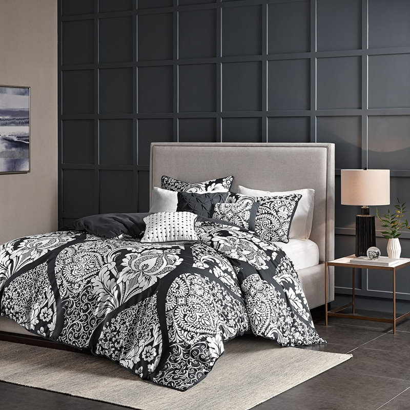 Literie en coton Madysin, Double/grand housse de couette + 5 pièces supplé, Noir