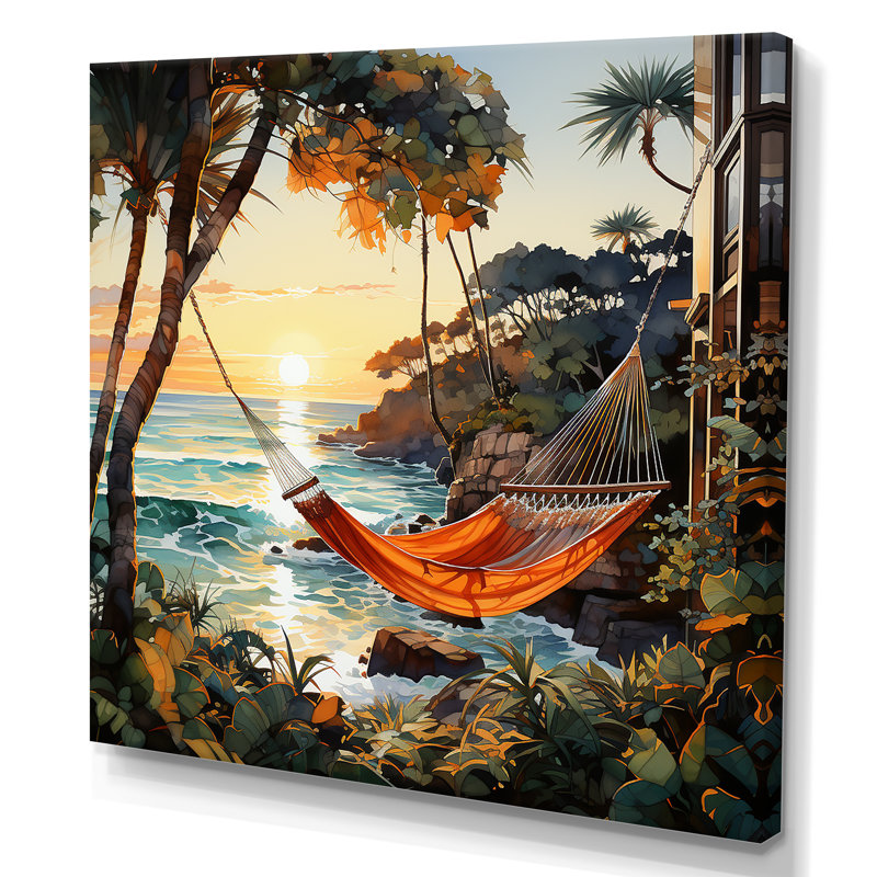 Coucher de soleil hamac près de la plage II - art mural côtier tropical, Toile tendue, H 16 po x l 16 po x P 1 po