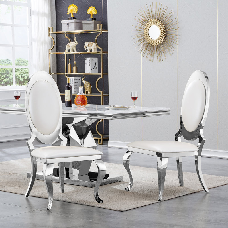 PU Leather Dining Chairs Set of 4, Armless Accent Chairs with Unique Highback, Luxury Dining Room Chair with X-Shaped Stainless Steel Legs, Mid-Century Modern Dining Side Chair